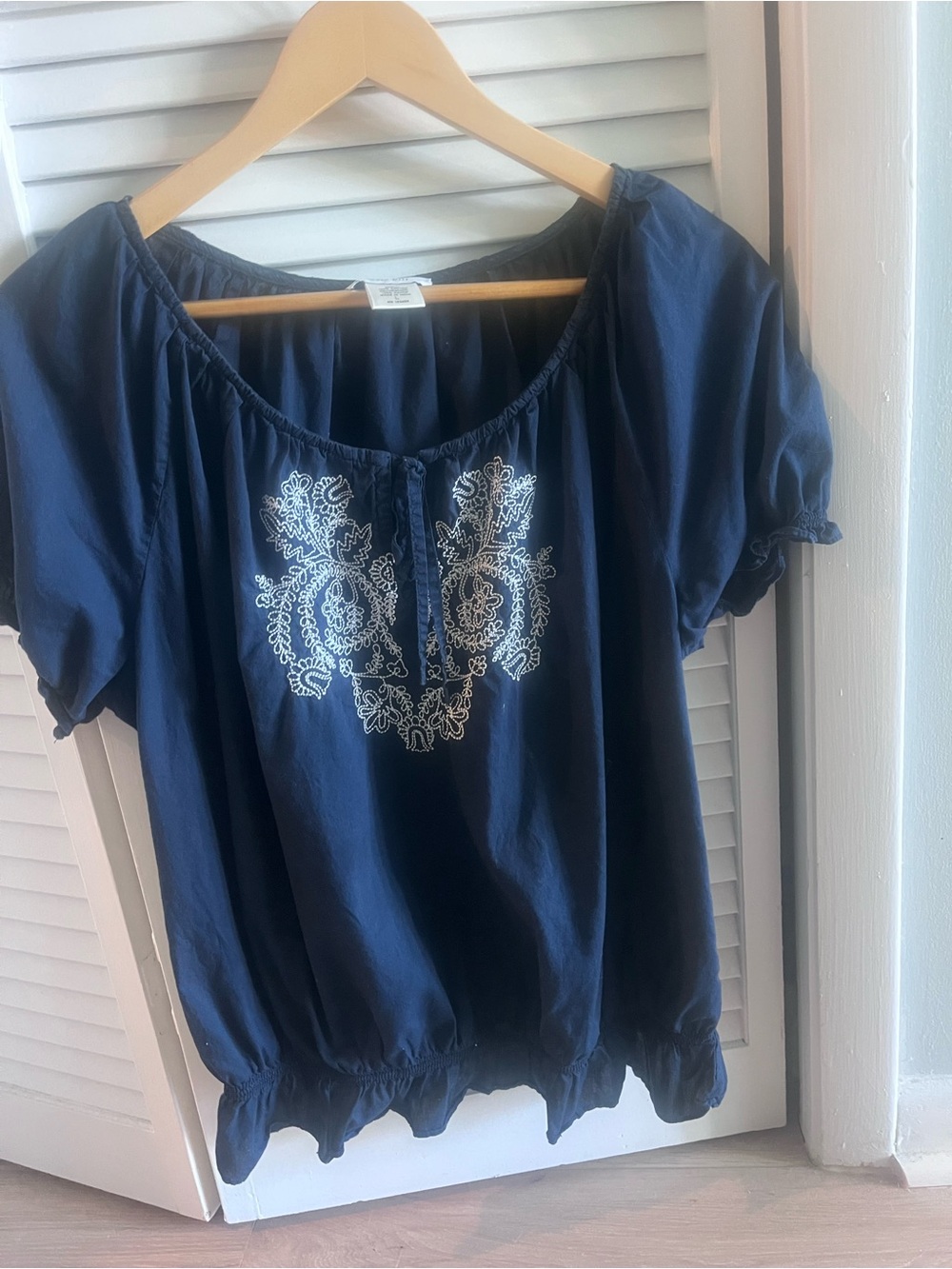 Kate Hill navy shirt with white embroidered trim